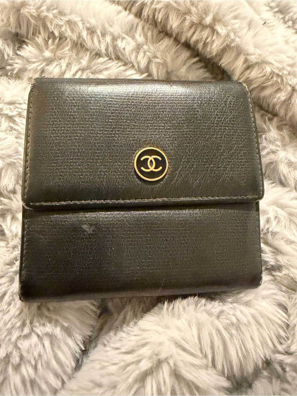 CHANEL Black Leather Compact Wallet with Gold CC Medallion